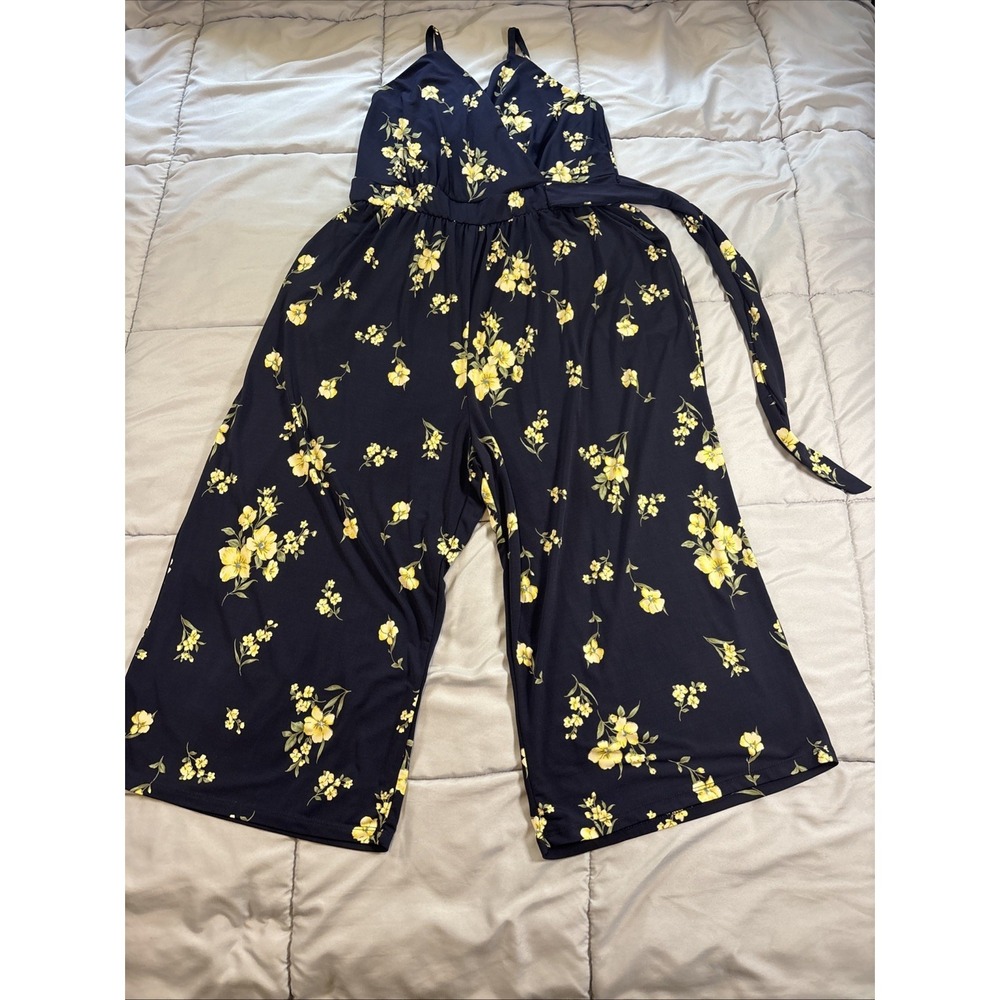 Kaileigh Women's 1X Navy Blue Floral Jumpsuit Faux Wrap Wide Leg Crop Stretch